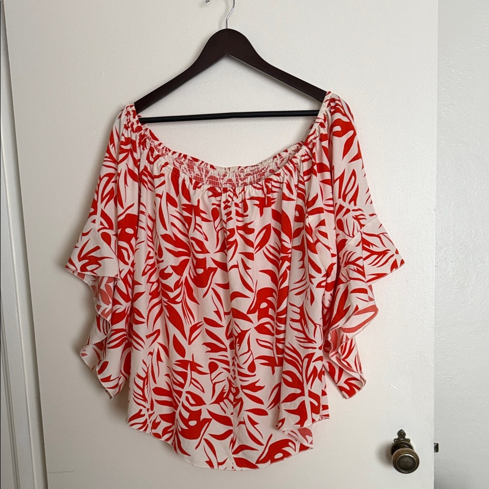 SHEIN Red and White Leaf Print Blouse